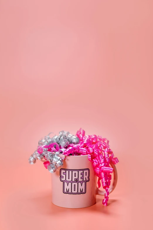 a cup filled with pink and silver sprinkles, by Gwen Barnard, pexels, pop art, pop figure of mom with long, ribbons, super hero, - 6