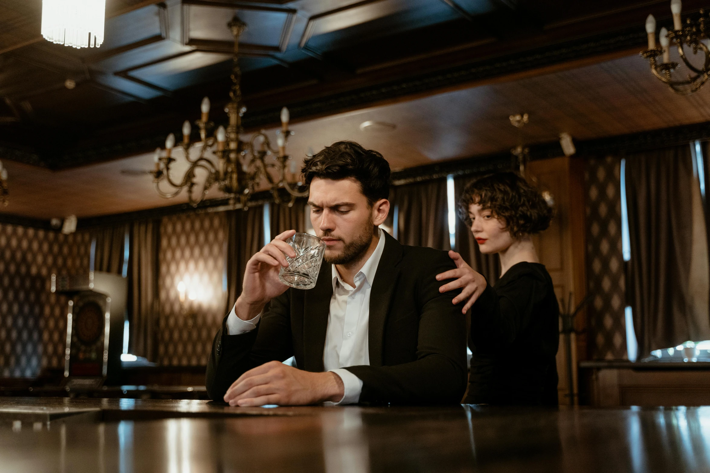 a man and a woman sitting at a bar, by Julia Pishtar, pexels contest winner, renaissance, sad man, gentleman's club lounge, thumbnail, thirst