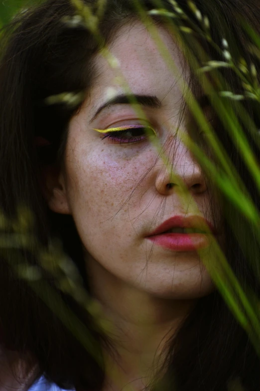 a close up of a woman with freckles on her face, a picture, inspired by Elsa Bleda, pexels contest winner, renaissance, lush grass, thoughtful expression, beautiful yellow woman, high angle closeup portrait