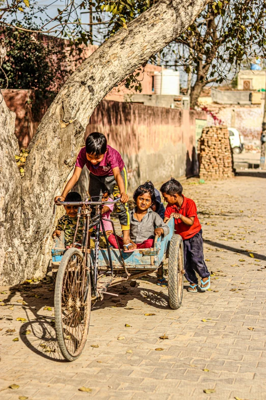 a group of people riding a bike next to a tree, indore, kids toys, cart wheels, guanajuato