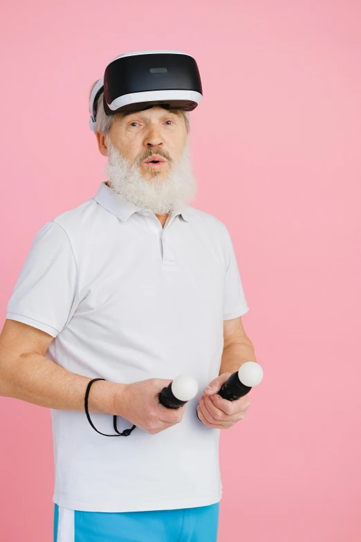 a man with a beard wearing a virtual reality headset, inspired by Karl Pümpin, wearing golf shorts, white hair and white beard, handlebar mustache, photo from a promo shoot