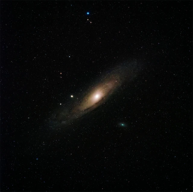 a spiral galaxy with stars in the background, by David Budd, renaissance, taken in the late 2000s, andromeda, with a black dark background, wide long shot