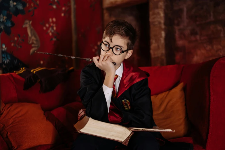 a young boy sitting on a couch holding a book, pexels contest winner, magical realism, hogwarts gryffindor common room, square rimmed glasses, mage smoking pipe, magical school student uniform