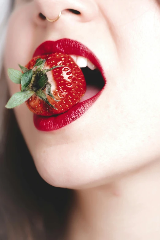 a close up of a person eating a strawberry, inspired by Hedi Xandt, making out, digital image, 奈良美智, licking