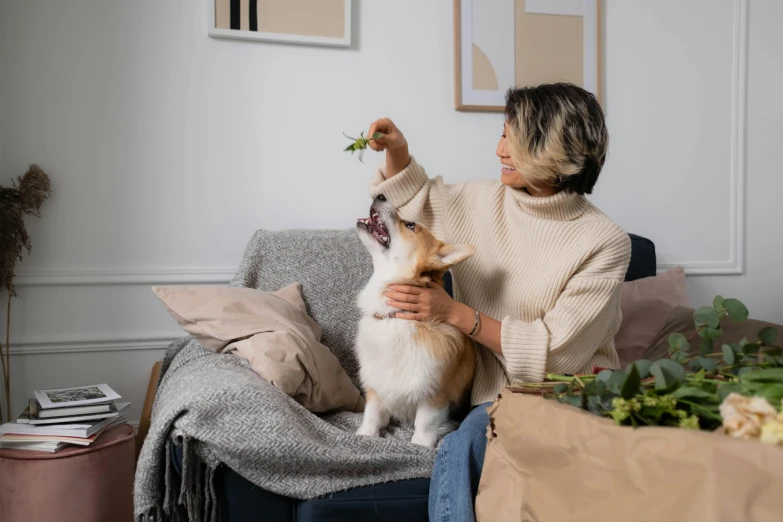 a woman sitting on a couch petting a dog, trending on pexels, conceptual art, confident holding vegetables, avatar image, microchip leaves, corgi