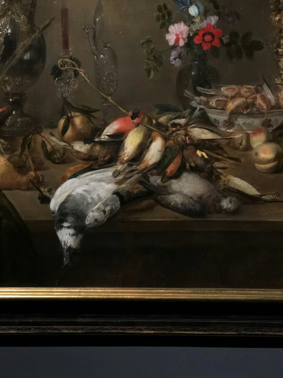 a painting that is hanging on a wall, by Melchior d'Hondecoeter, trending on unsplash, vanitas, very detailed birds, mat collishaw, detail, ready to eat