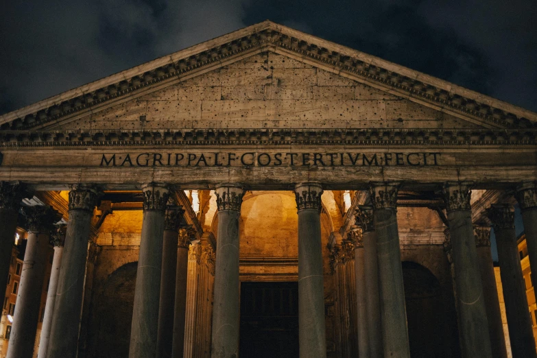 the front of a building lit up at night, an album cover, by Giuseppe Avanzi, unsplash contest winner, neoclassicism, pantheon, rustic, 🚿🗝📝, magical glow