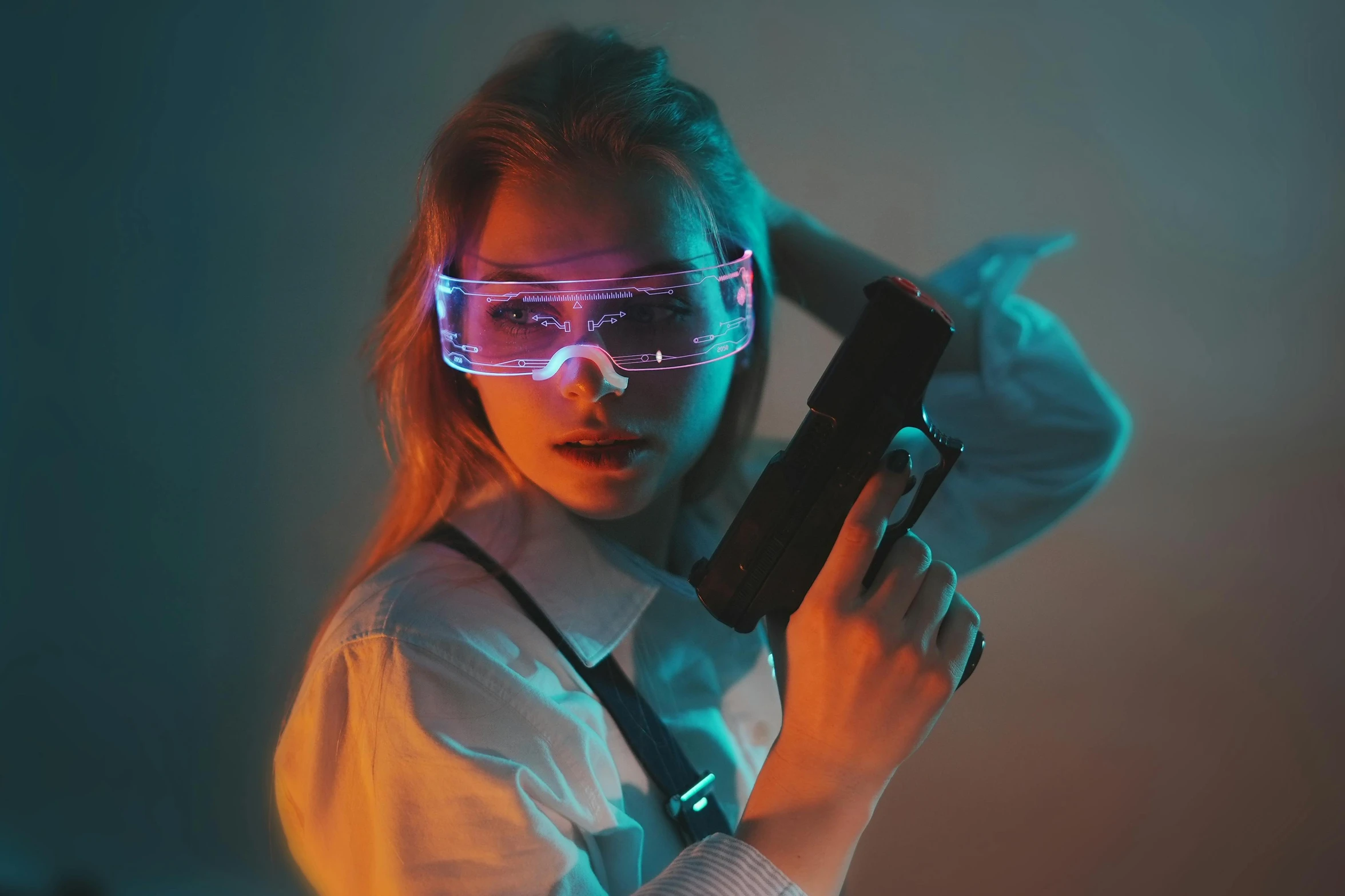 a woman in a white shirt holding a gun, cyberpunk art, unsplash, holography, wearing goggles, neon operator margot robbie, airsoft electric pistol, indoor shot