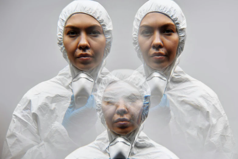 a couple of men standing next to each other, an album cover, by Adam Marczyński, hyperrealism, staff wearing hazmat suits, three women, morph dna, clear symmetrical face