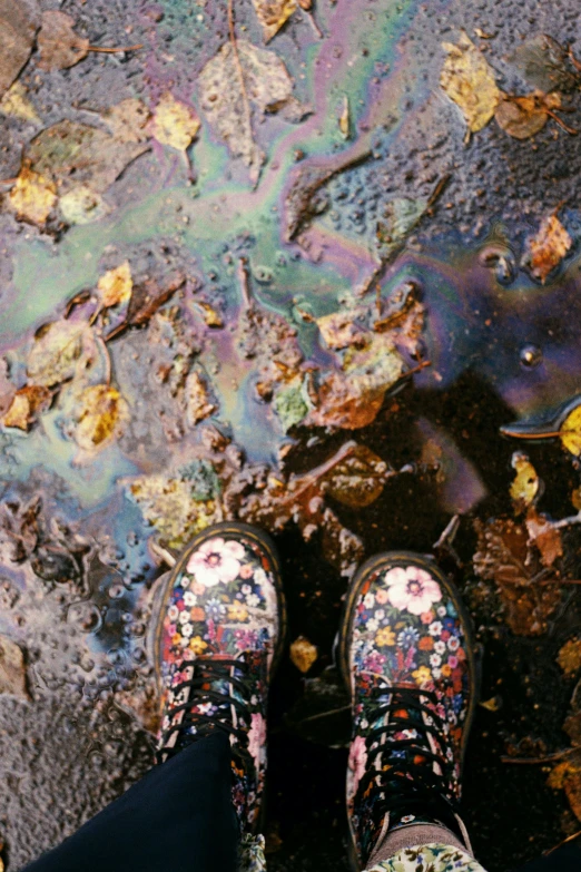 a person standing next to a puddle of water, trending on unsplash, process art, jean and multicolor shoes, toxic waste, oil spills, botanicals