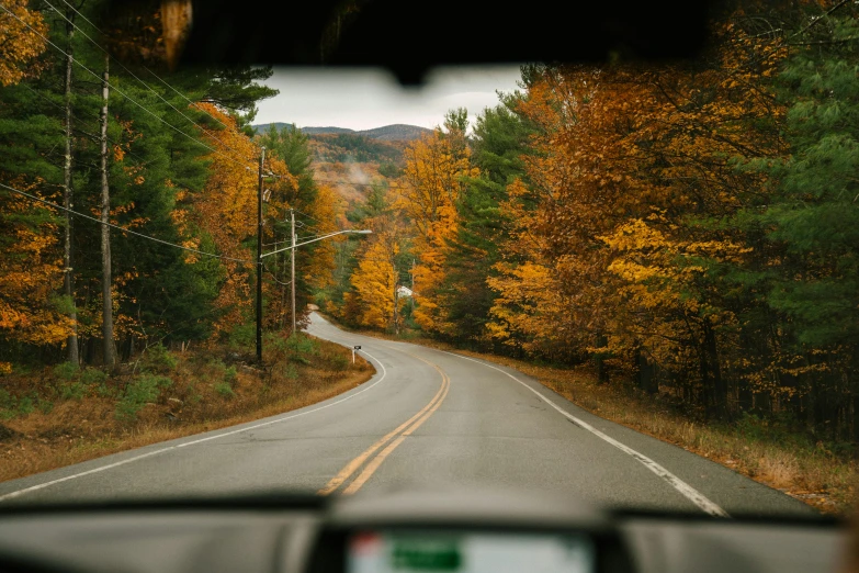 a view of a road through the windshield of a car, by Jessie Algie, pexels contest winner, vermont fall colors, 🚿🗝📝, pov from rear, thumbnail