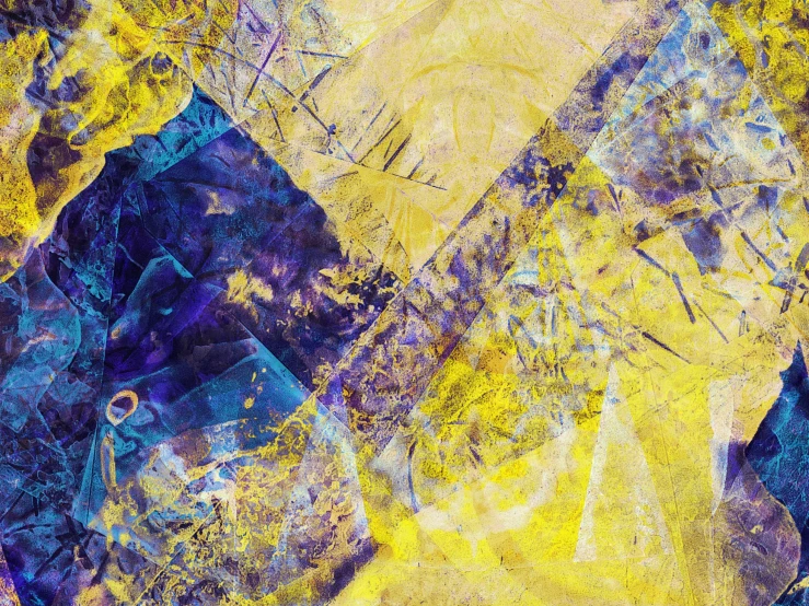 a close up of a painting of a guitar, an abstract painting, inspired by Mordecai Ardon, lyrical abstraction, yellow purple, digital art - n 9, solarised, indigo