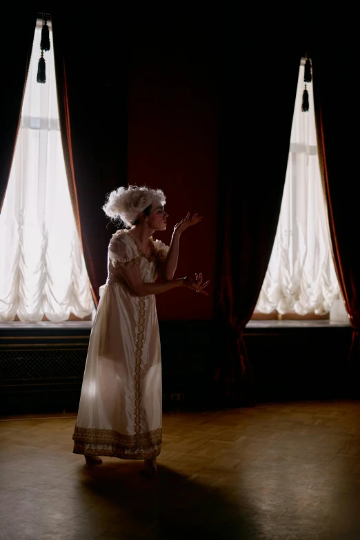 a woman in a white dress standing in front of a window, inspired by Pierre Auguste Cot, rococo, production photo, palace, dramatic lighting - n 9, slide show