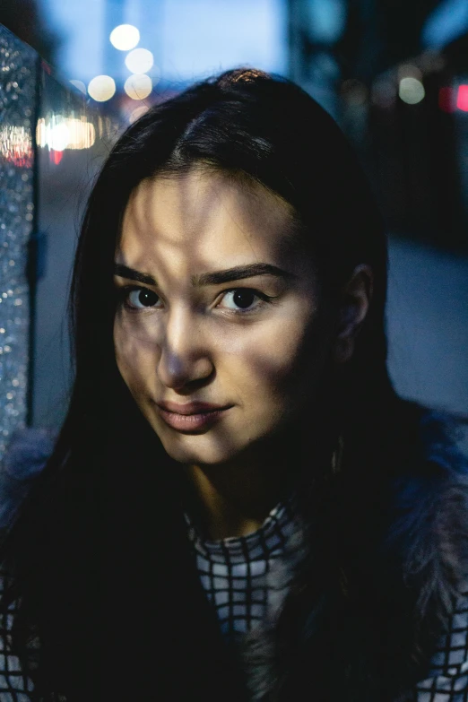 a woman leaning against a wall at night, a portrait, by Adam Marczyński, pexels contest winner, realism, face like gal gadot, headshot of young female furry, clear symmetrical face, a young woman as genghis khan