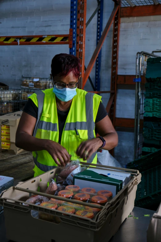 a woman wearing a face mask in a warehouse, by Tom Scott RSA, serving burgers, imane anys, slide show, a green