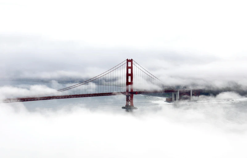 a view of the golden gate bridge in the fog, an album cover, pexels contest winner, hurufiyya, wide high angle view, white fog painting, background image, hyperrealism”