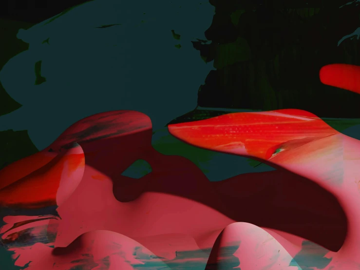 a pink flamingo floating on top of a body of water, inspired by Anna Füssli, lyrical abstraction, red and obsidian neon, in style of zaha hadid, lacquered, red and teal color scheme