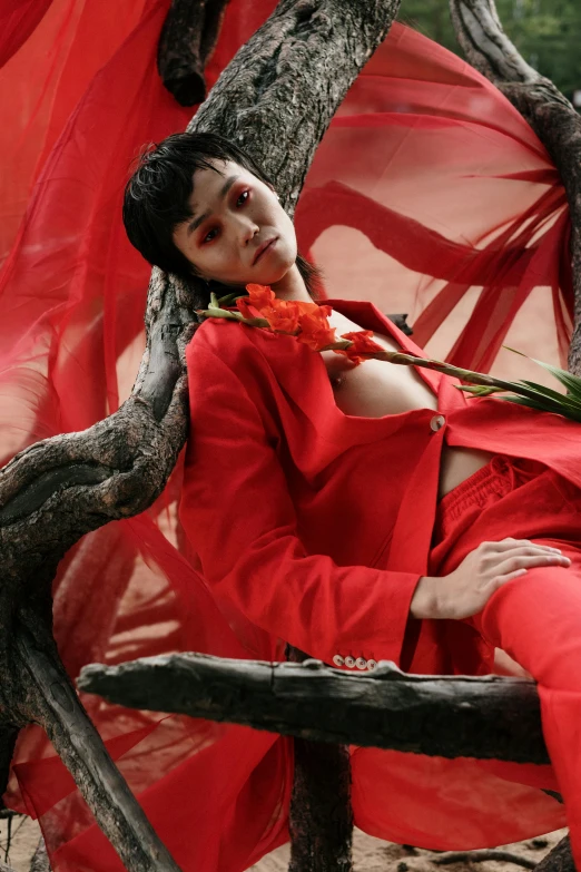 a woman in a red dress sitting on a bench, an album cover, inspired by Ren Hang, dada, red tailcoat, bella poarch, on a branch, draped with red hybiscus