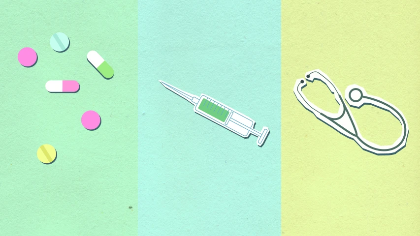 a pair of scissors sitting next to a bunch of pills, a cartoon, trending on pexels, conceptual art, iv pole, pastel faded effect, 3 - piece, healthcare worker