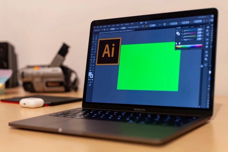 a laptop with a green screen sitting on a desk, a computer rendering, pexels, made in adobe illustrator, adafruit, rectangle, performing