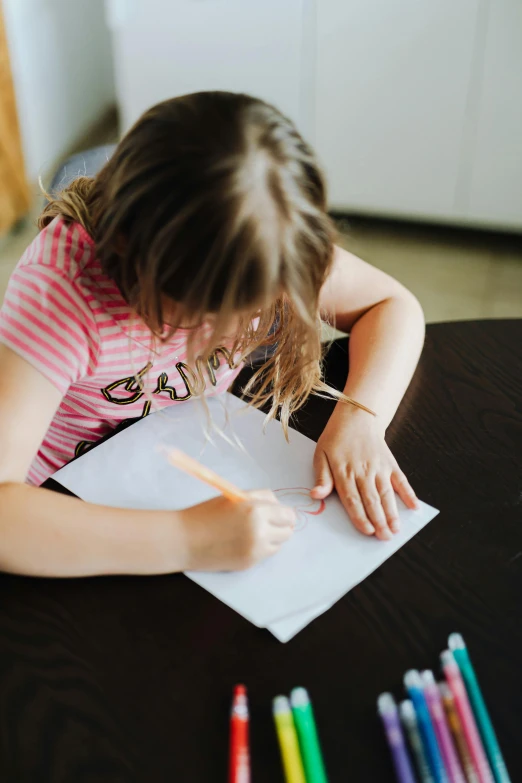 a little girl sitting at a table writing on a piece of paper, a child's drawing, by Lee Loughridge, pexels, thumbnail, low quality photo, film photo, 15081959 21121991 01012000 4k