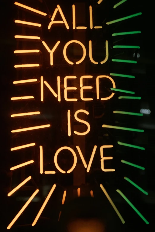 a neon sign that says all you need is love, poster art, pexels, 2000s photo, panel, essence, diana levin