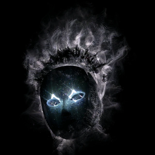 a man's face with smoke coming out of it, an album cover, by Adam Marczyński, pexels contest winner, digital art, the ice queen, glowing head, theater mask, starry eyes