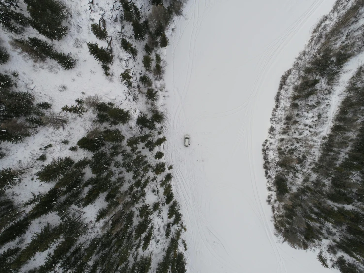 a person riding skis down a snow covered slope, pexels contest winner, land art, top view of convertible, in the middle of the woods, grey, raw dual pixel