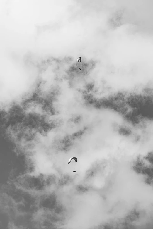 a group of people flying kites in a cloudy sky, a black and white photo, by Peter Churcher, pexels contest winner, purism, diptych, skydiving, three, abstract photography