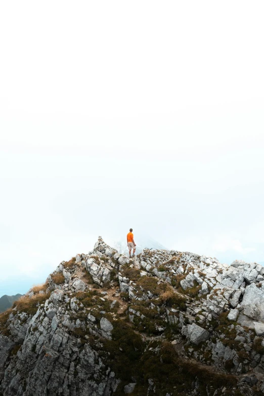 a person standing on top of a mountain, by Sebastian Spreng, minimalism, white and orange, calmly conversing 8k, view(full body + zoomed out), multiple stories