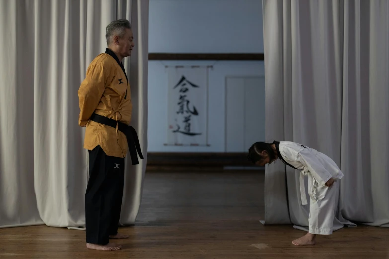 a couple of men standing next to each other on a wooden floor, inspired by Kanō Shōsenin, shin hanga, grading, mid shot, taejune kim, rectangle