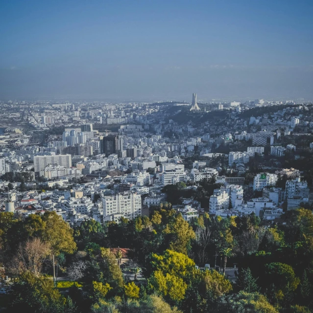 a view of a city from the top of a hill, by Romain brook, pexels contest winner, les nabis, parks and gardens, la nouvelle vague, blue sky, wide high angle view