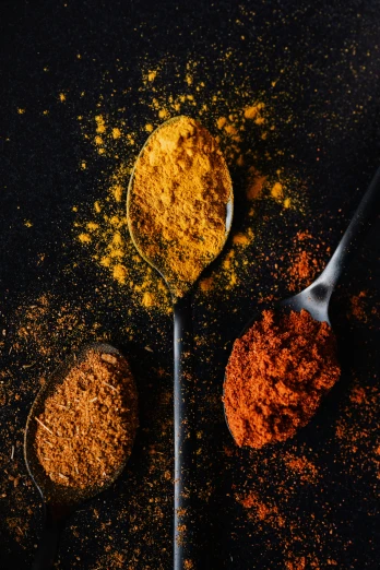 three spoons filled with different types of spices, a digital rendering, by Adam Marczyński, trending on unsplash, dark oranges reds and yellows, iron, skye meaker, thumbnail