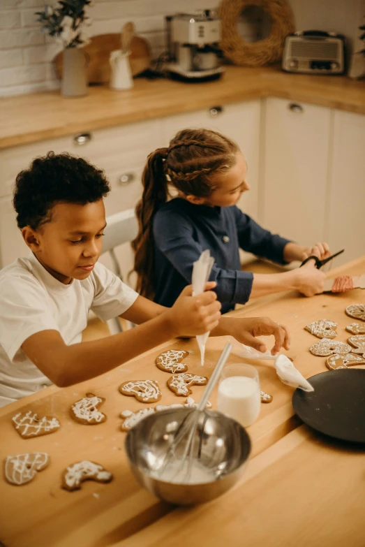 a couple of kids that are sitting at a table, baking cookies, intricately designed, crisp clean shapes, gen z