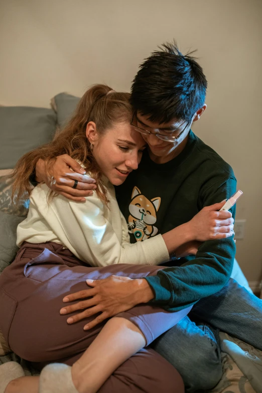 a man and a woman cuddle on a bed, trending on reddit, mark edward fischbach, production photo, ryan jia, julian ope