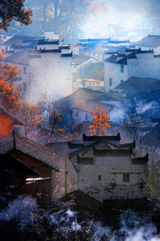 a city that has a lot of smoke coming out of it, inspired by Hu Zao, pexels contest winner, process art, old village, autumn light, amazing color photograph, pan ren wei