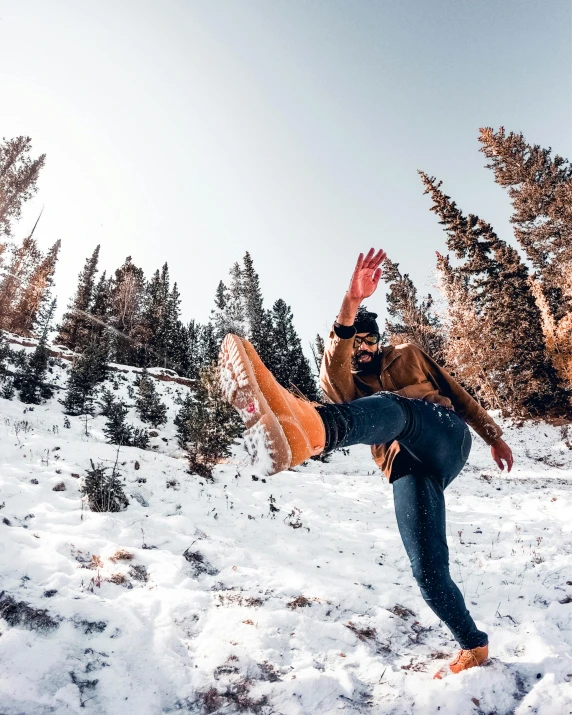 a woman flying through the air while riding a snowboard, a polaroid photo, pexels contest winner, wears brown boots, snow on trees and ground, lgbtq, photo of a man