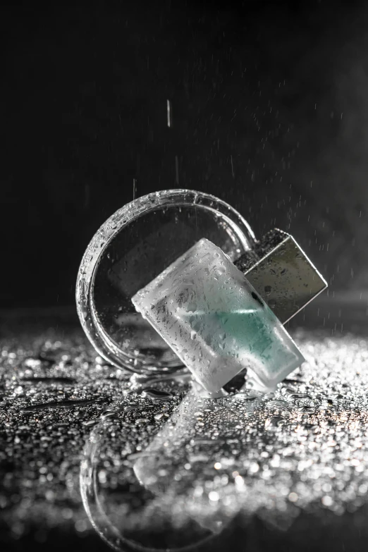 a flash drive sitting on top of a puddle of water, an abstract sculpture, inspired by Raoul De Keyser, unsplash, cracking glass through reality, hook as ring, gelatin silver finish, emeralds