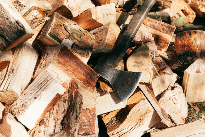 a pile of chopped wood with an ax sticking out of it, by Jesper Knudsen, unsplash, fan favorite, illustration, panoramic shot, thumbnail