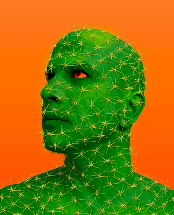 a close up of a person with a green face, an album cover, inspired by Mike Winkelmann, cacti everywhere, orange body, bald lines, profile image