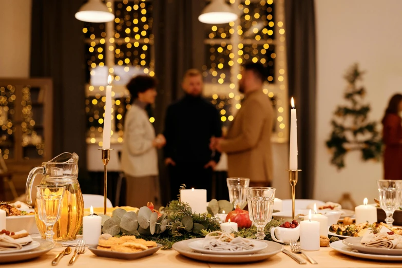 a group of people standing around a dinner table, decorations, holiday vibe, profile image, prizewinning