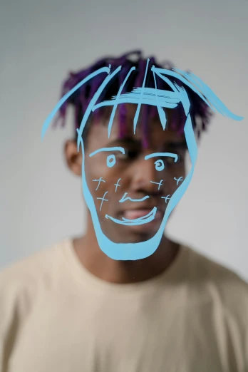 a man with a drawing on his face, an album cover, trending on pexels, photo in style of tyler mitchell, wearing a baggy, blue spiky hair, ( ( dark skin ) )