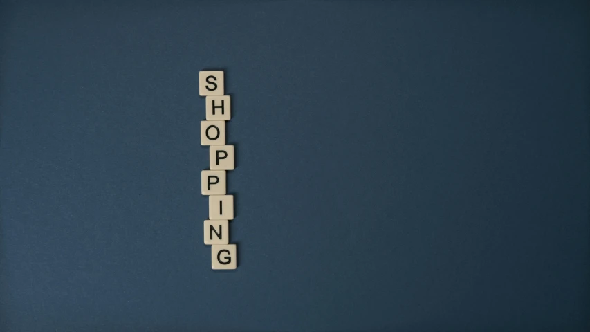a scrabble with the word shopping spelled on it, an album cover, inspired by Theo van Doesburg, trending on unsplash, bauhaus, blue wall, concrete poetry, 15081959 21121991 01012000 4k, shopping groceries