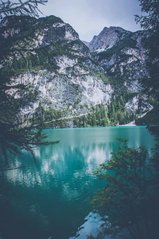 a large body of water surrounded by trees, pexels contest winner, teal tones, dolomites, vintage vibe, album