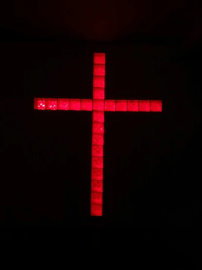a red cross lit up in the dark, an album cover, light art, light box, taken in the late 2010s, 2 5 6 x 2 5 6 pixels