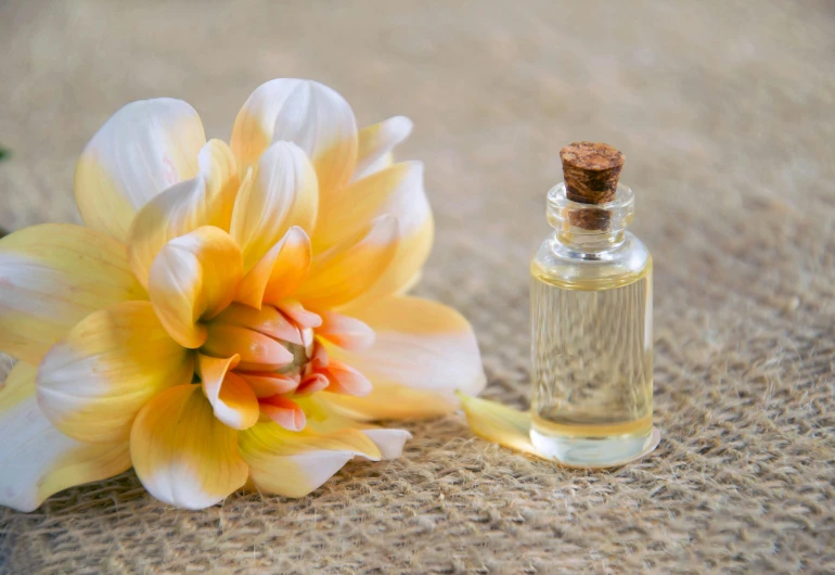 a bottle of perfume next to a flower, pexels contest winner, renaissance, square, vanilla, buddhist, flattened