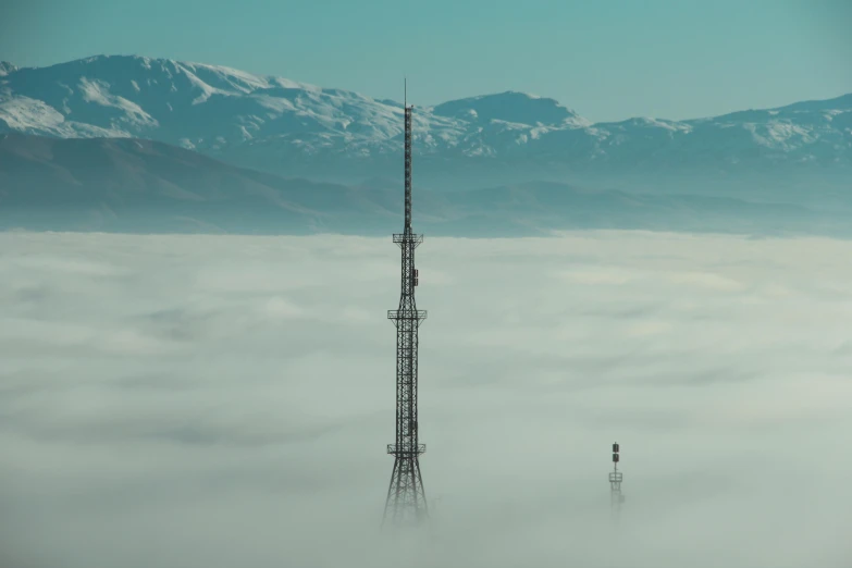 a tower in the middle of a sea of clouds, a matte painting, unsplash contest winner, antennas, tehran, two organic looking towers, radio equipment