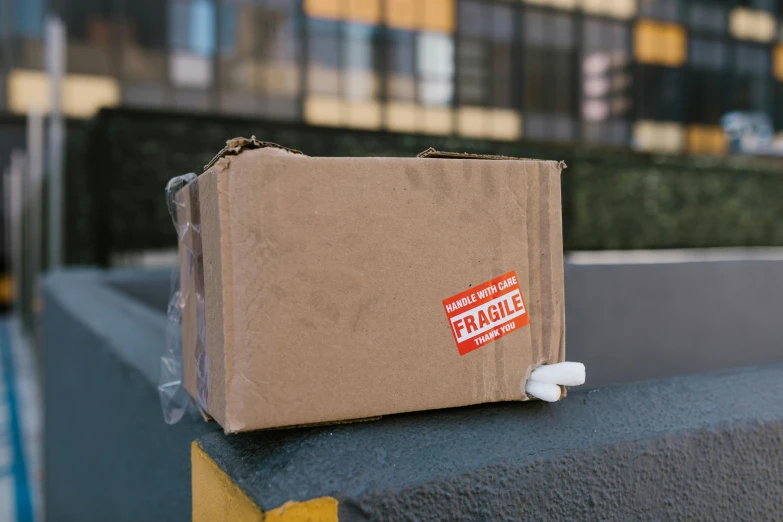 a brown box sitting on top of a cement wall, unsplash, graffiti, labels, fragile, inspect in inventory image, thumbnail