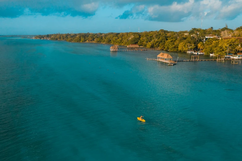 a large body of water surrounded by trees, a portrait, by Peter Churcher, pexels contest winner, hurufiyya, yellow and cyan color palette, islands on horizon, flooded fishing village, motu