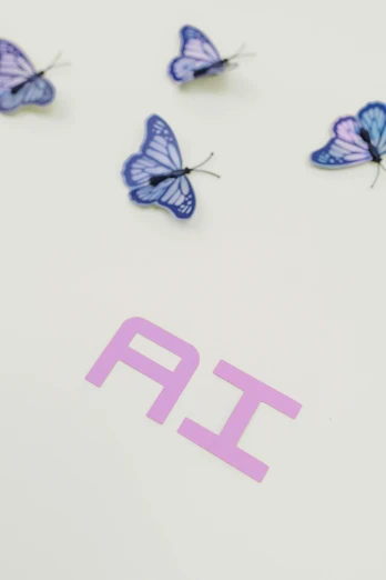 a group of purple butterflies sitting on top of a white surface, an album cover, inspired by Peter Alexander Hay, unsplash, letter a, detail shot, holo sticker, whiteboards